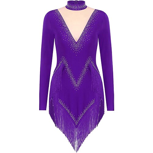Glitzerndes Latein-Tanzkleid für Damen, langärmlig, mit Quaste, Cha-Cha-Cha, Salsa, Rumba, Tango, Performance-Kostüm Image