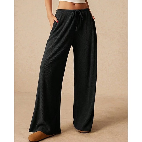 Damen Weite Hosenbeine Weites Bein Chinos Hosen Hose Urlaub Vintage Streetwear Volle Länge Mittlere Taillenlinie Einfach Tasche Elastisches Kordelzugdesign Bequem Mikroelastisch Hohe Elastizität Image
