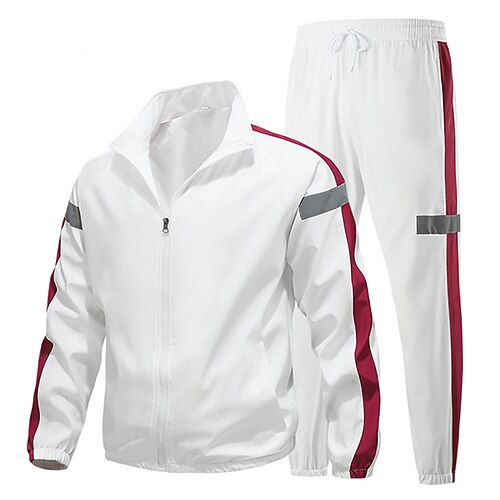Herren 2-teiliger Trainingsanzug Trainingsanzug-Sets Sportbekleidung Reißverschluss reflektierende Streifen Einfarbig Kombination Frühling Herbst Schwarz Weiß Fitnessstudio Training Laufen Hohe Taille Image
