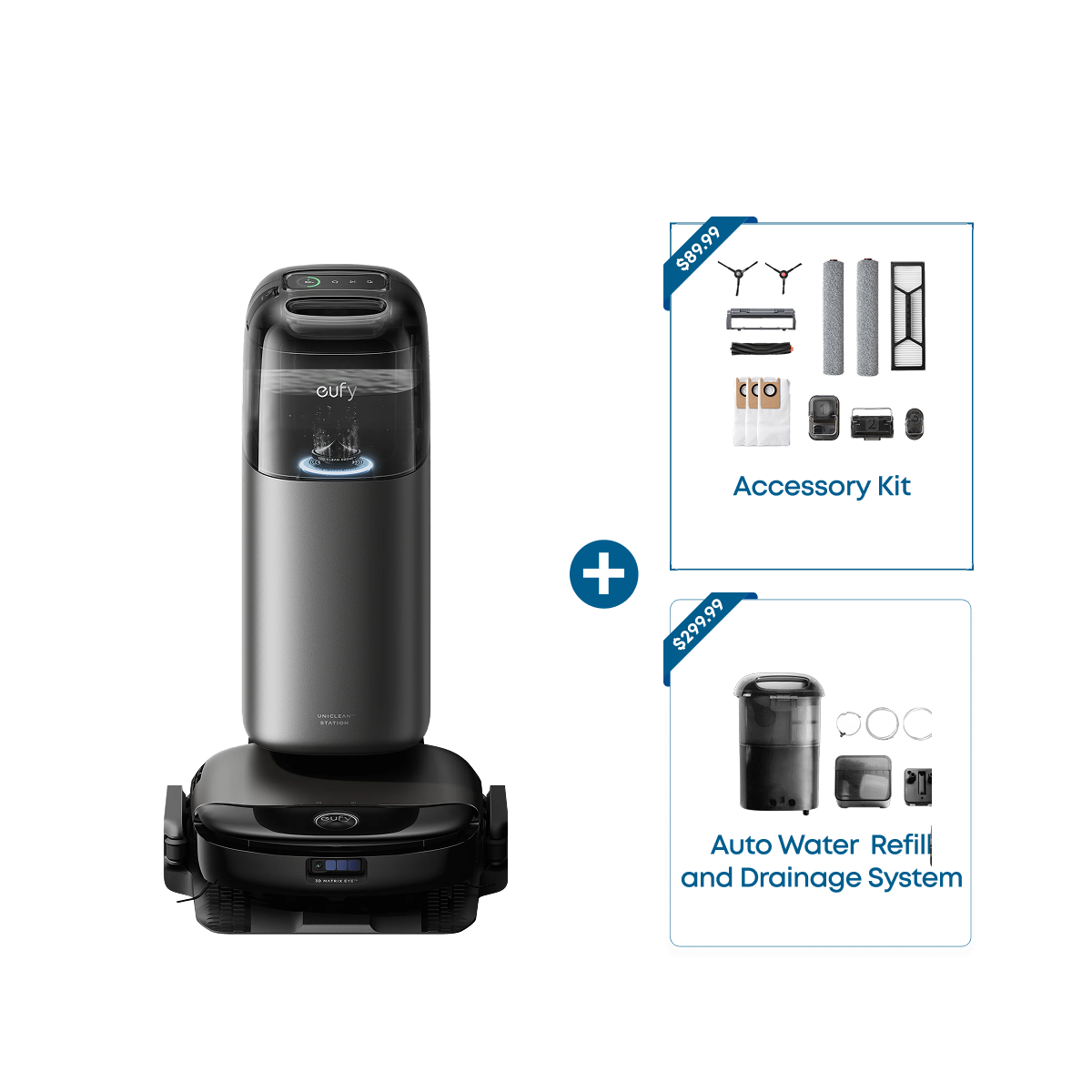 eufy Robot Vacuum Omni S1 Pro + Replacement Kits + Auto Water Refill and Drainage System Black