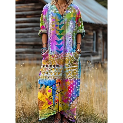 Damen Maxi-Kleid Boho Strandkleid A-Linien Kleid Urlaub Lässig Geburtstag Täglich Feiertag Lockerer Sitz Floral Langarm V-Ausschnitt Marineblau Hellbraun Blau Helllila Frühling Herbst Image