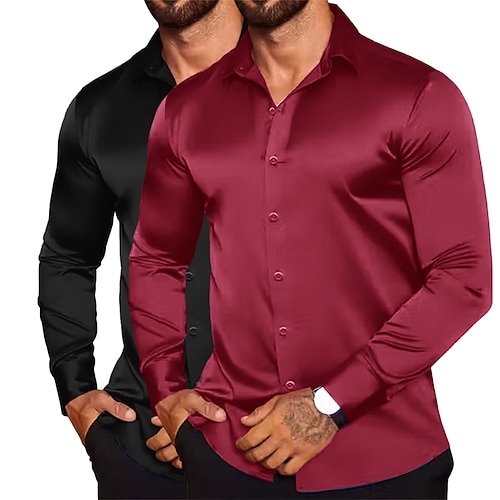 Herren Hemd Seidenartig Satinhemd Kleidhemd Knopfhemd Einfach Formell Hochzeit Weiss rot Weiß Grün Weiss schwarz Weiß blau Langarm Revers Frühling Herbst Ganzjahres Bekleidung Image