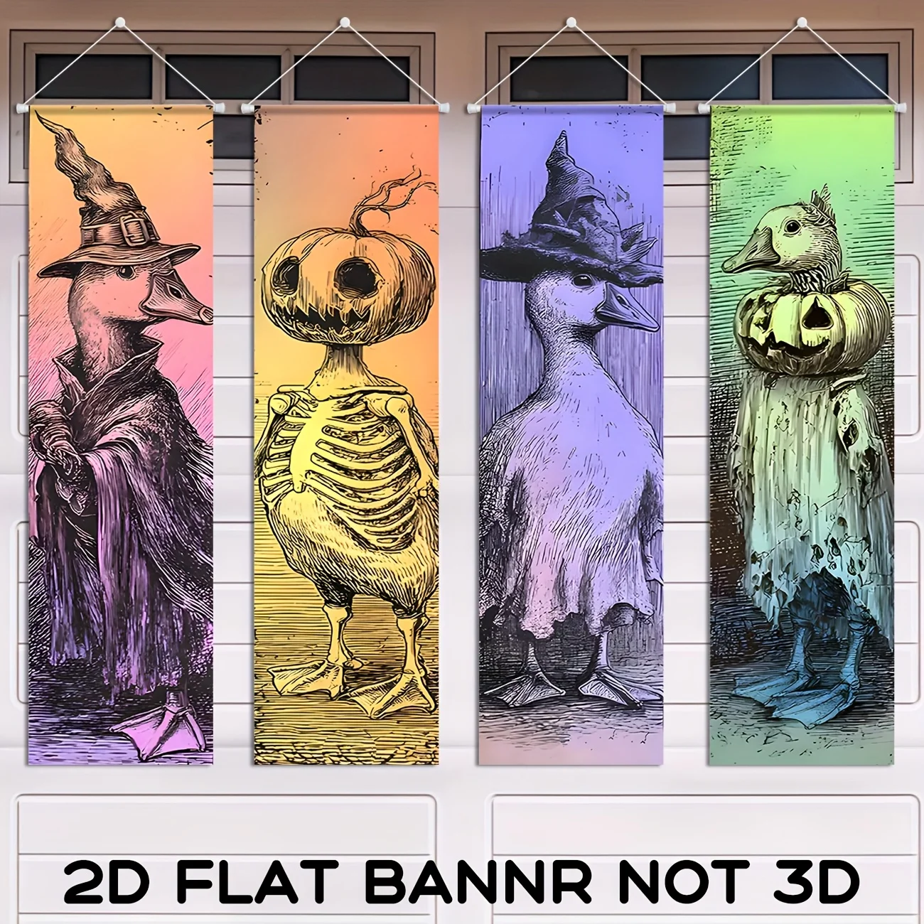 2D-Flachbanner, 4 Stück, Halloween-Gans-Party-Banner, Dekoration, Vintage-Wandbehang, Banner, gruselige Hexe, Kürbis, Gans, Hintergrund für Image