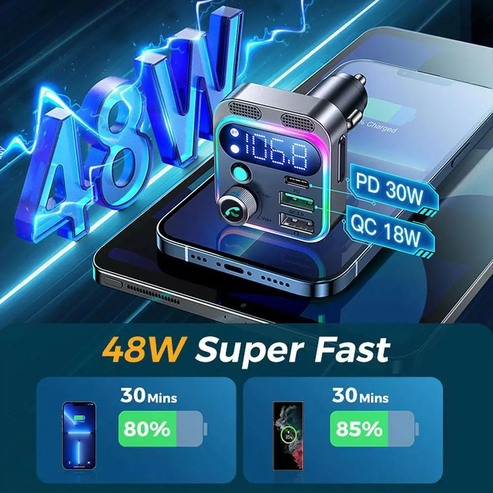 Bluetooth 5.3 FM-Transmitter für Auto, 48 W PD QC3.0 Schnellladegerät mit Dual-Mikrofon-Tiefbass-Sound, Bluetooth-Adapter Image