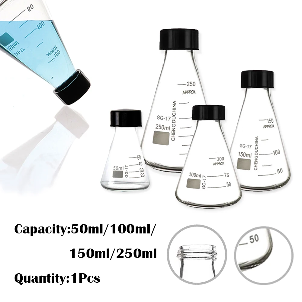 50–250 ml Erlenmeyerkolben aus Borosilikatglas mit schwarzem Schraubverschluss, konischer Labor-Dreieckskolben für Chemie-Experimente Image