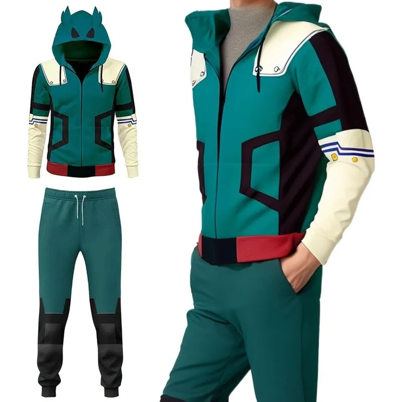 Anime My Hero School Cosplay Midoriya Izuku Kostüm Grün Kapuzenpullover Hose Komplettset für Männer Alltag Casual Party Image