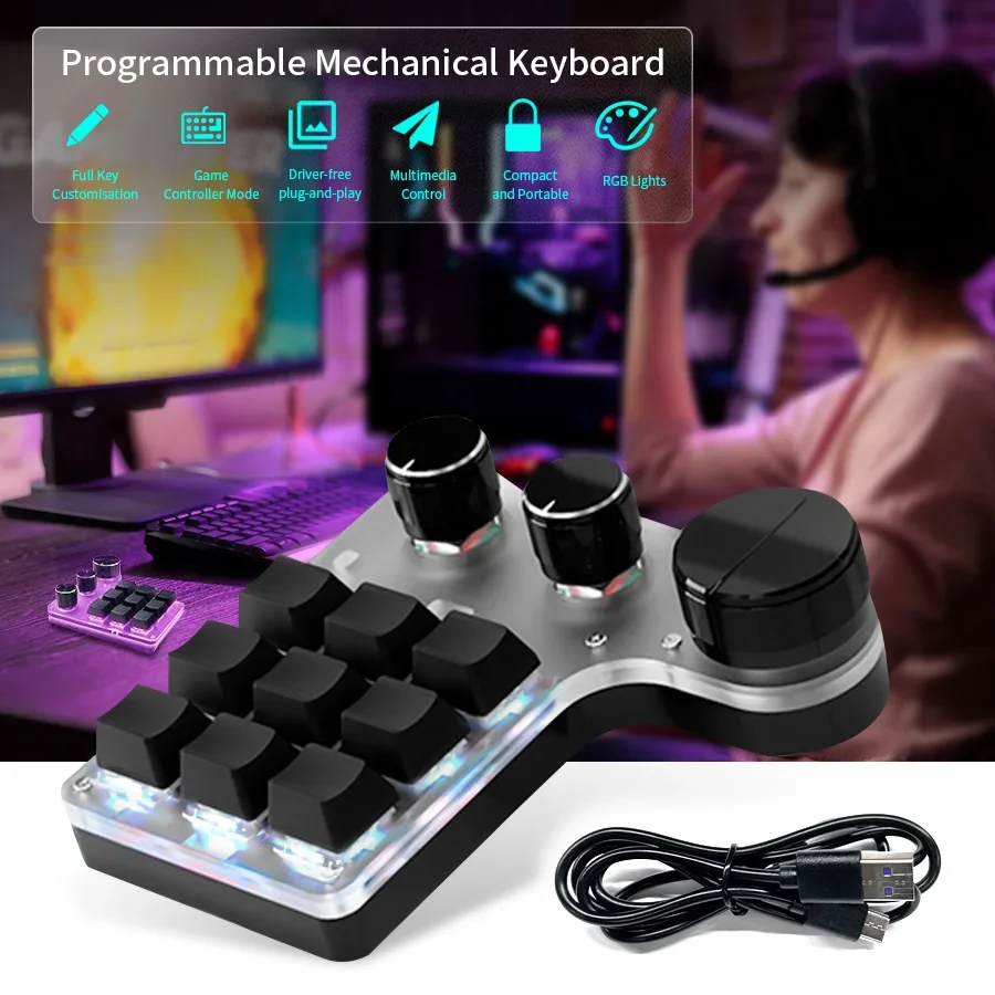 Programmier-Makro, benutzerdefinierte 3-Knopf-Tastatur, RGB, Bluetooth, 12 Tasten, Kopieren, Einfügen, Photoshop-Gaming-Tastatur, mechanisches Hotswap-Macropad Image