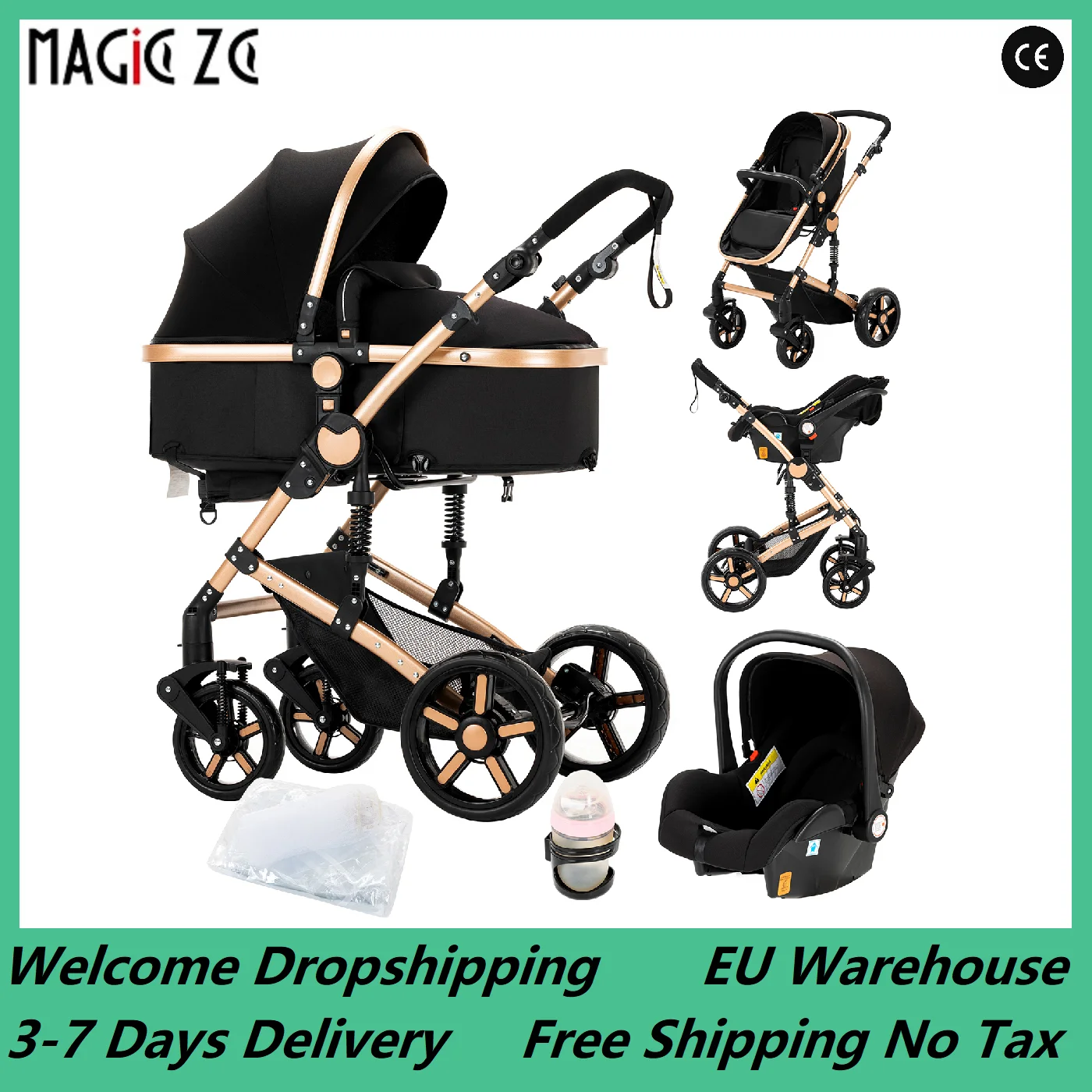 Passeggino per passeggino con sistema da viaggio 3 in 1, carrozzina leggera da nascita, passeggino per tutti i terreni, passeggino pieghevole compatto Magiczc