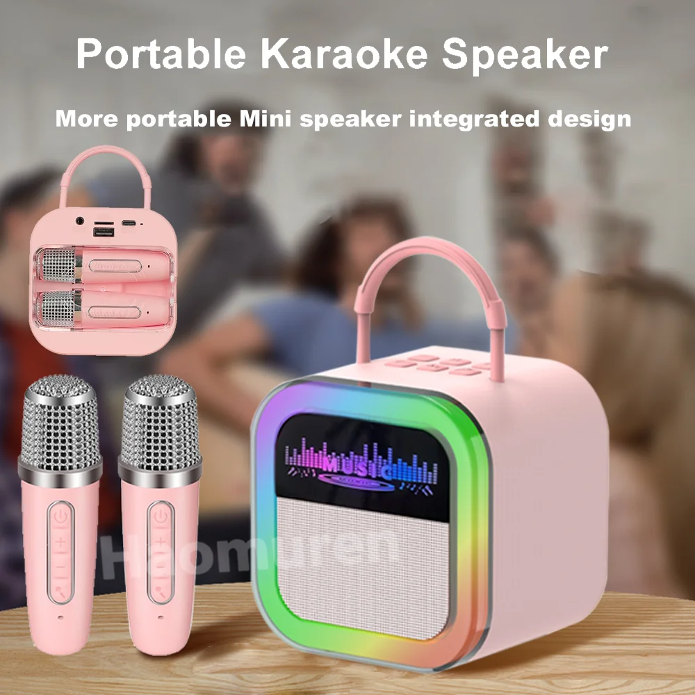 Haomuren Karaoke-Maschine, tragbares Bluetooth-Mini-Karaoke-Mikrofon, singender Lautsprecher mit 2 kabellosen Mikrofonen für die Familie, Zuhause, Party Image