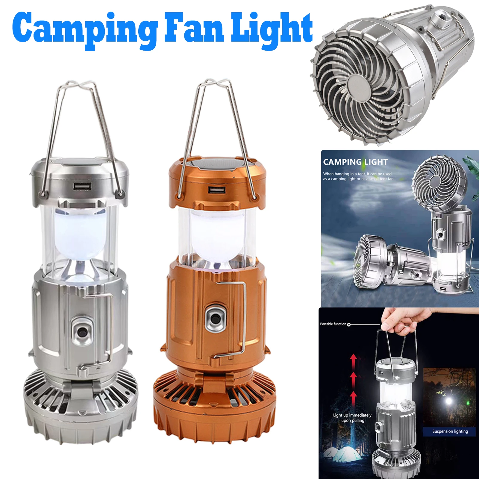 1500mAh LED Camping Fan USB Rechargeable Portable Hanging Tent Fan Light Electric Fan Solar-Powered Camping Fan with LED Light