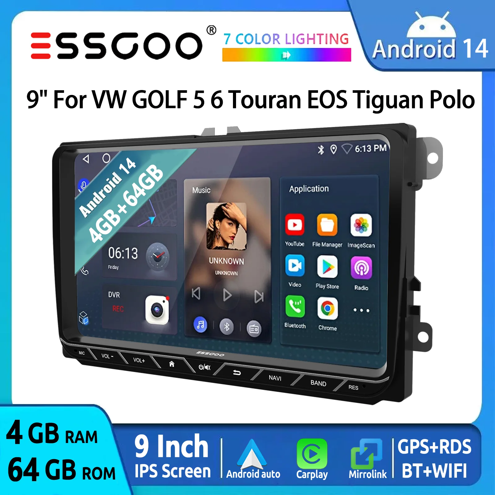 ESSGOO Autoradio Android 14 9" 4+64GB CarPlay per VW Golf 5 6 Passat B6 B7 Polo 6R Touran Tiguan Caddy EOS Jetta T5 Seat Skoda GPS Navigazione WIFI FM Bluetooth RDS Schermo Touch Mirror Link Comandi