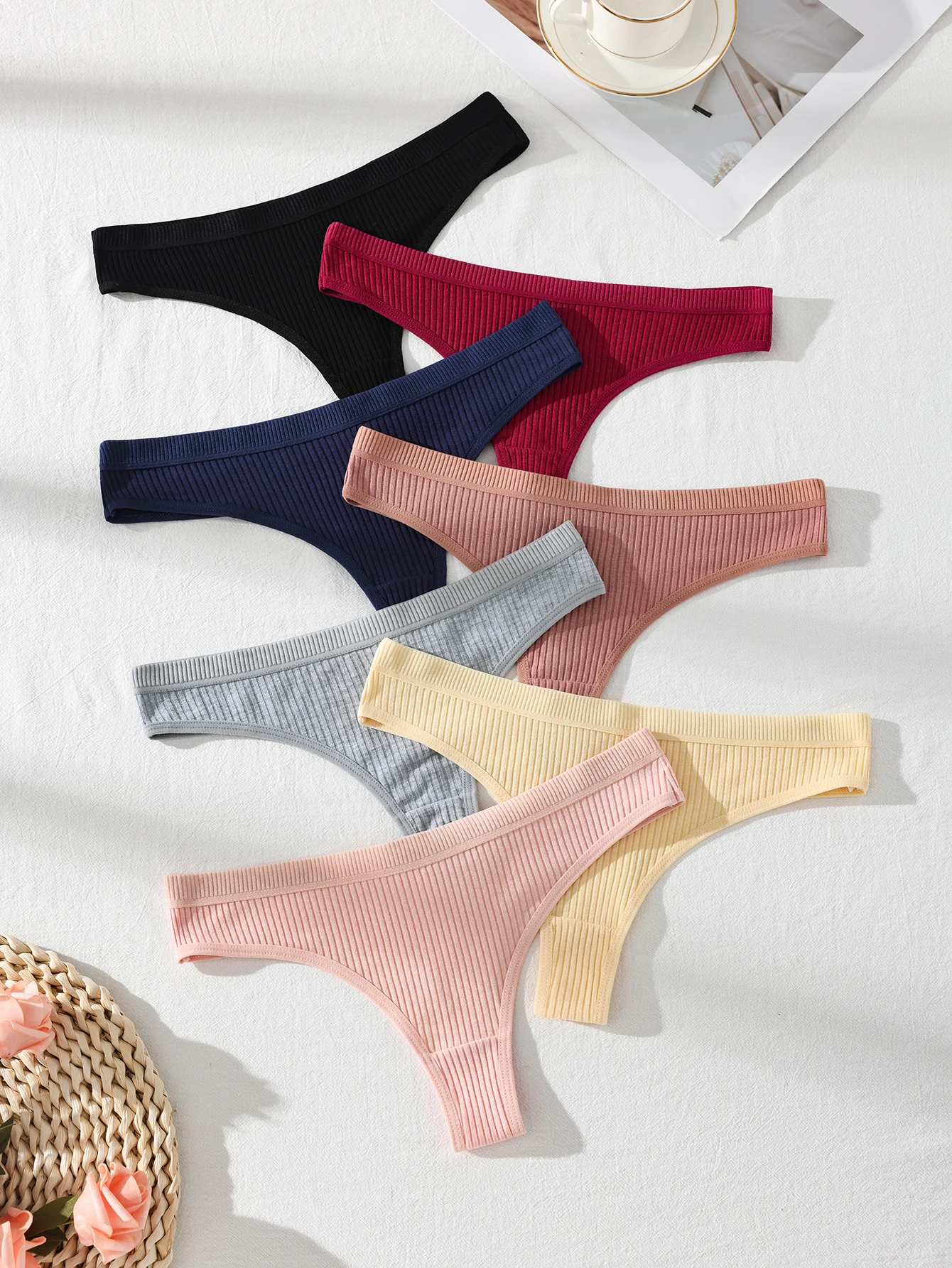 7-teilige Damen-Unterwäsche aus Baumwolle, atmungsaktiv, niedrige Leibhöhe, weich, gestreift, bequem, stilvoll, einfarbig, für den Alltag Image