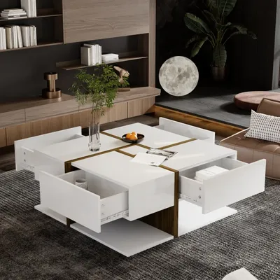 Coffee Table Mini Table With 4 Drawers Unique Color Adjustment And Line Design Square Wooden Table With Storage Space