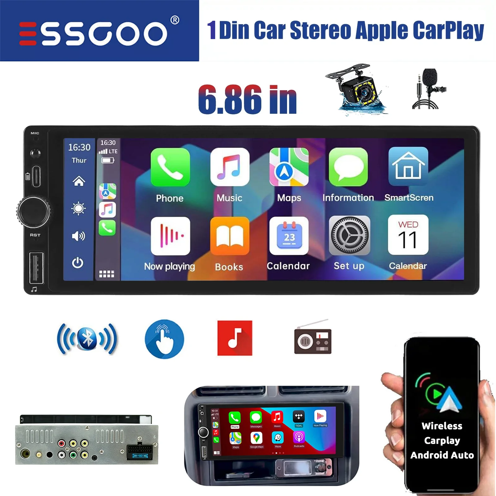 ESSGOO Einfaches Universales 1 Din Autoradio 6,86" - Wireless CarPlay Android Bluetooth FM Lenkradlernen GPS Navi USB Typ C Aux Mirror Link MP5 Player Touchscreen Display Image