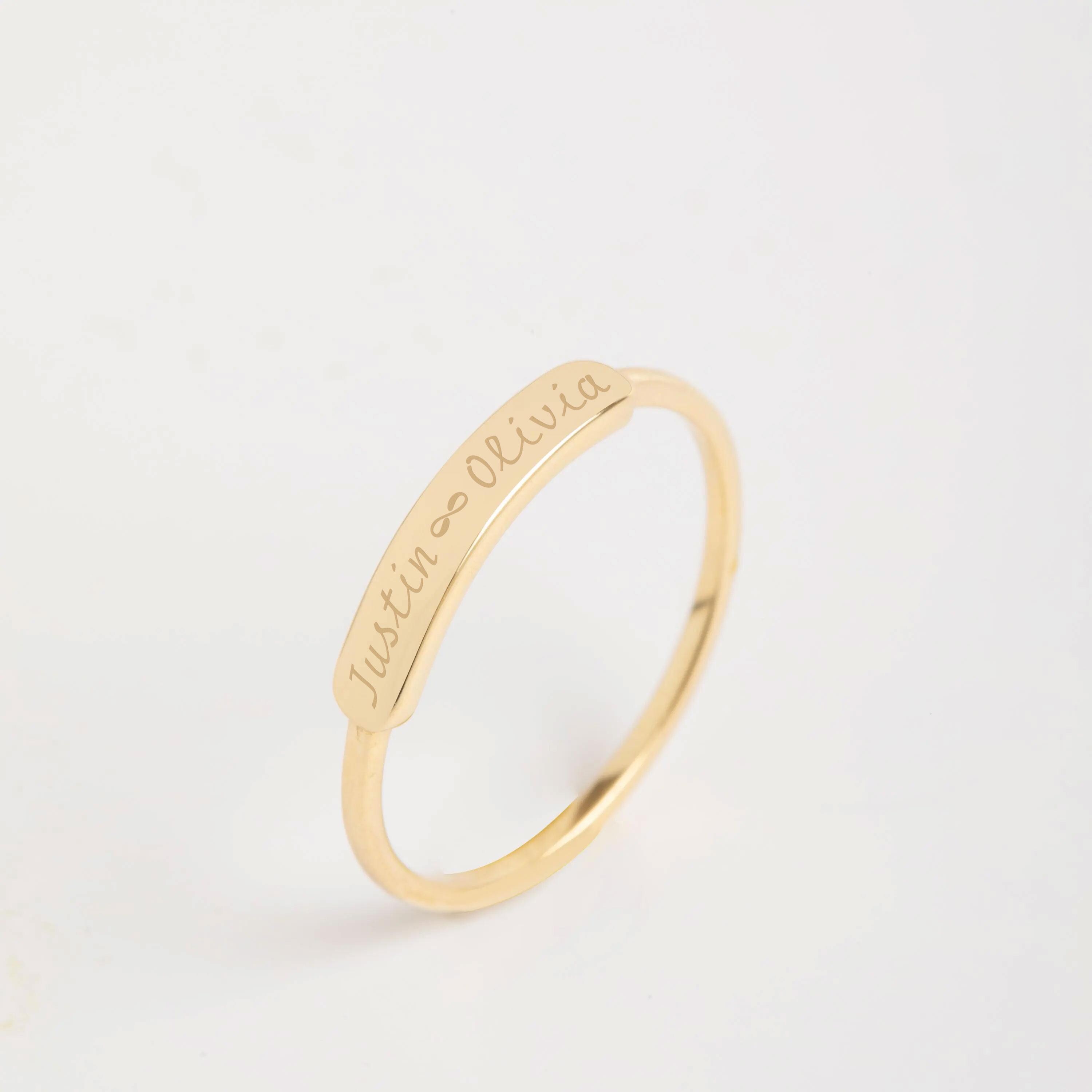 Anello di promessa di coppia in oro massiccio, anello mignolo inciso personalizzato, fascia in oro 10k, 14k e 18k per lei o per lui