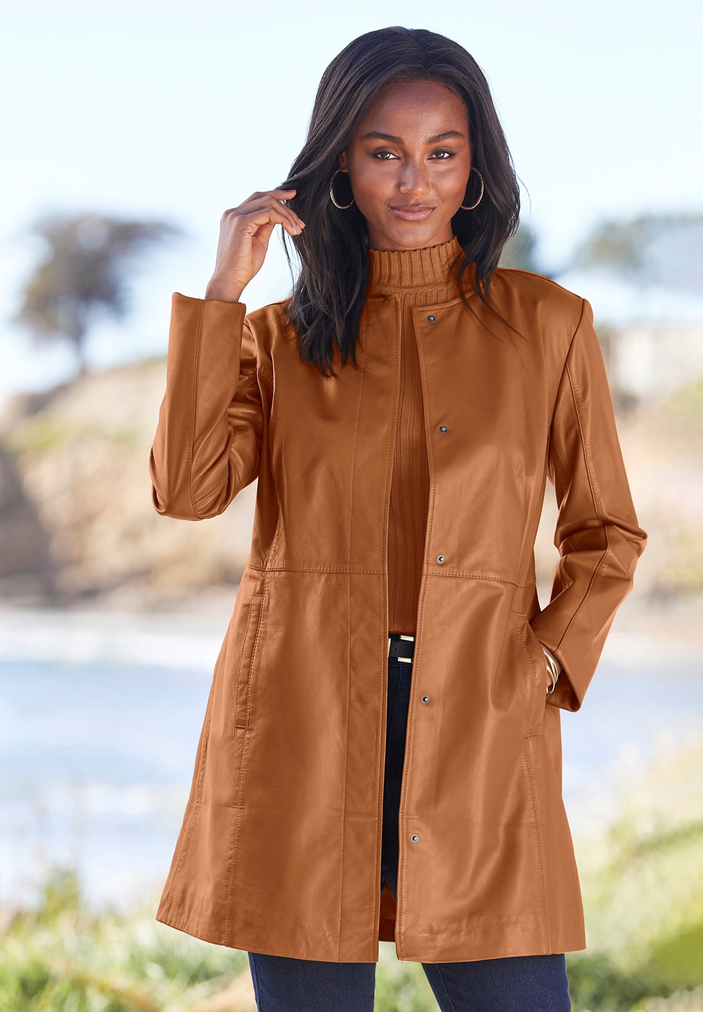 Plus Size Women's Three-Quarter Leather Jacket by Jessica London in Cognac (Size 32 W)