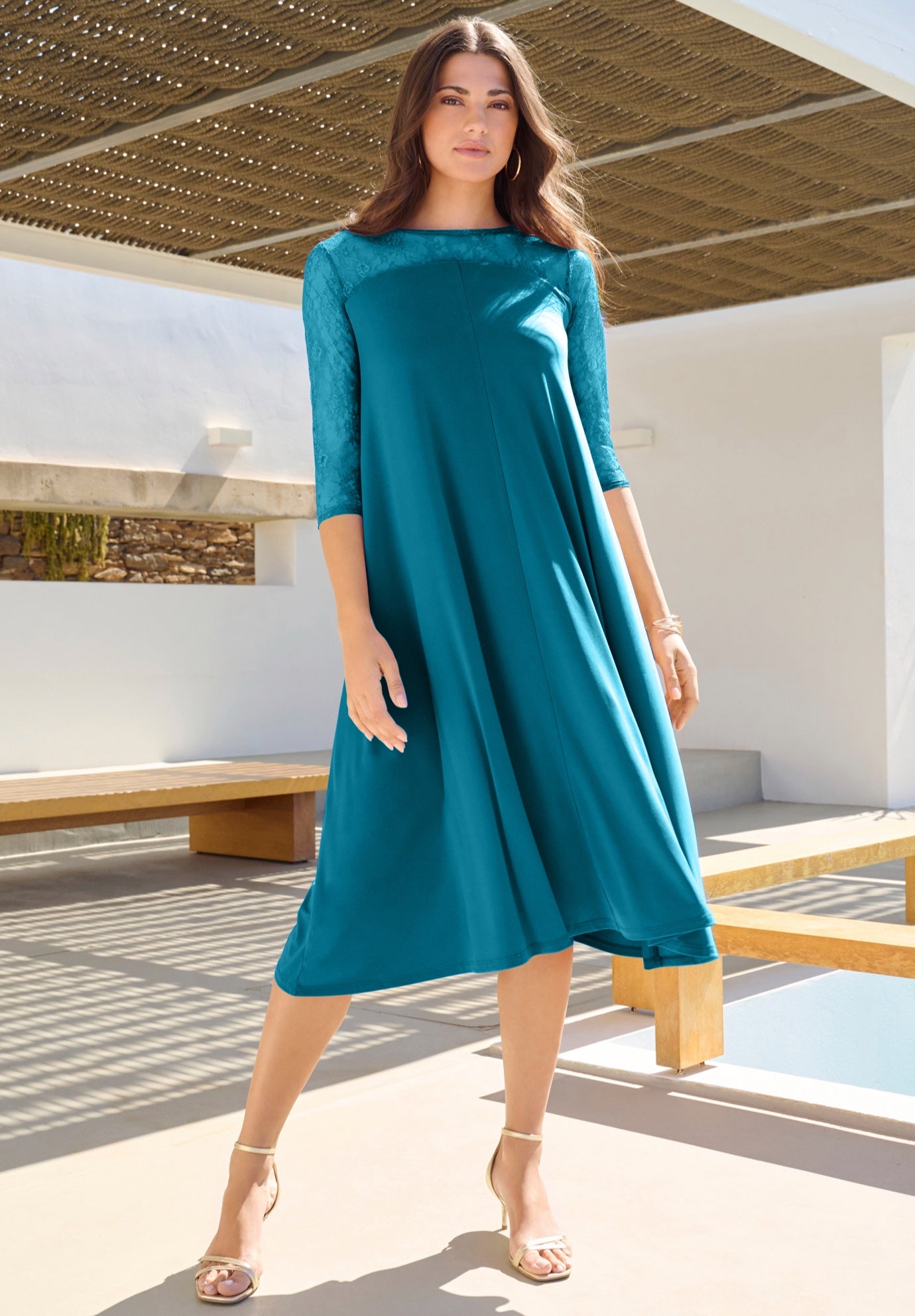 Plus Size Women's Plus Size 3/4 Sleeve Allover Lace Swing Dress by Roaman's in Deep Teal (Size 38/40)