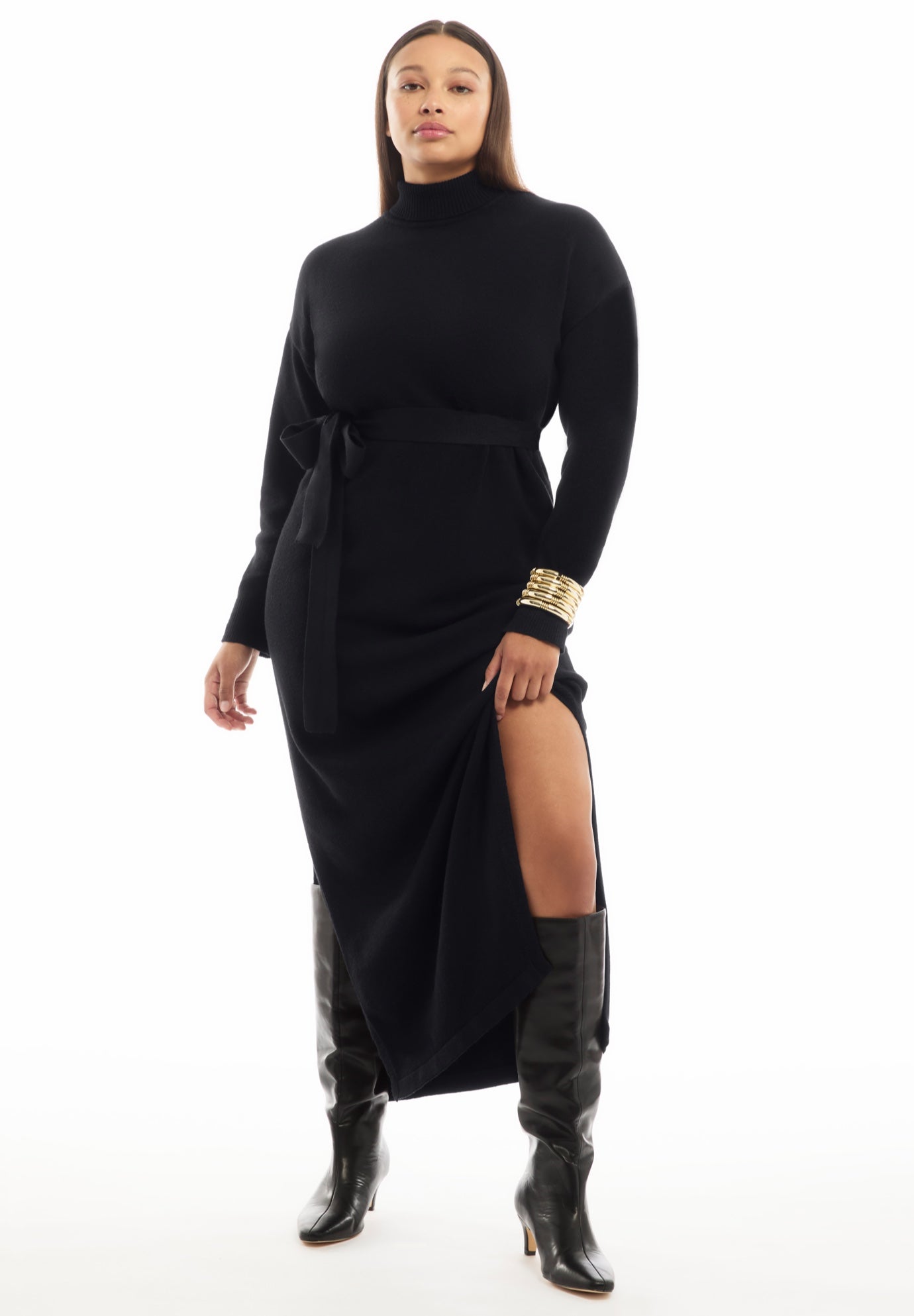 Plus Size Women's Turtleneck Sweater Dress by June & Vie in Black Onyx (Size 14/16)