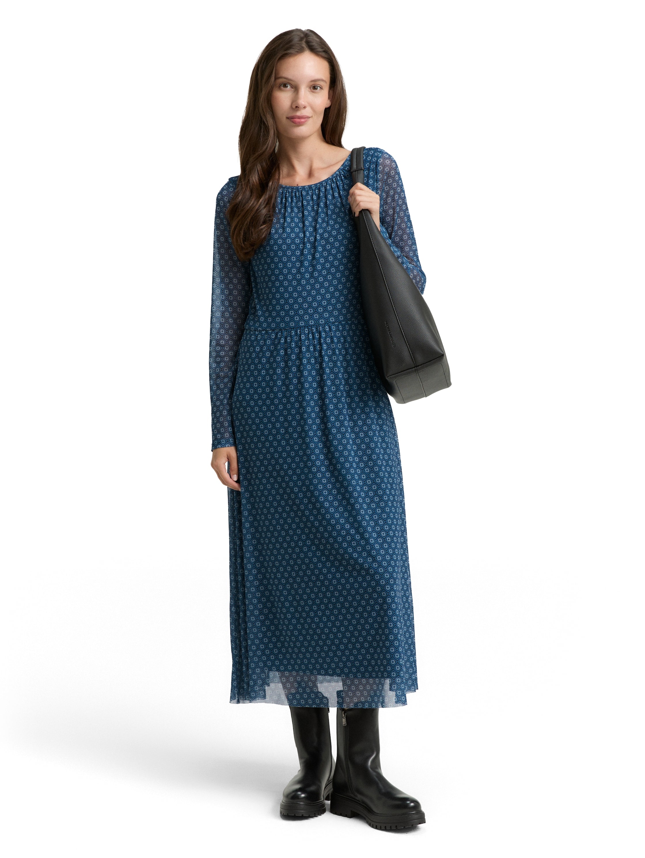 Meshkleid TOM TAILOR, Damen, Gr. 46, N-Gr, teal geometric minimal design, Web, Obermaterial: 90% Polyester, 10% Elasthan. Futter: 100% Polyester, bedruckt, Casual, regular fit wadenlang, Rundhals, gerader Abschluss, Kleider, mit Muster