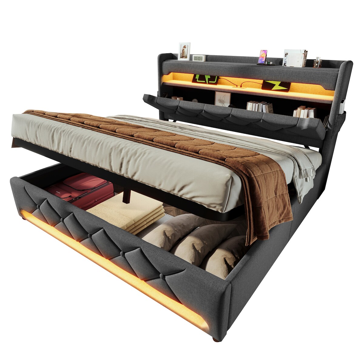 OKWISH Luxus Polsterbett mit LED-Beleuchtung, Stauraum, USB-Ladefunktion, komfortable Matratze, modernes Design 160x200 Grau Image