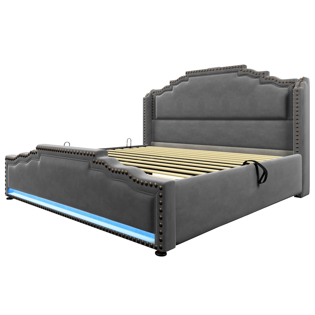 OKWISH Polsterbett Stauraumbett Samt Velours mit hydraulischem Bettkasten LED Licht USB Type-C 7-Zonen Matratze Vintage Kopfteil 140x200 cm Grau Image