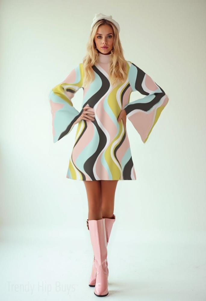 70er Jahre Kleid, Groovy 70er Jahre Kleid, 70er Jahre Kleid, Grün Rosa Gestreiftes Kleid, Retro 70er Kleid, 70er Kleid
