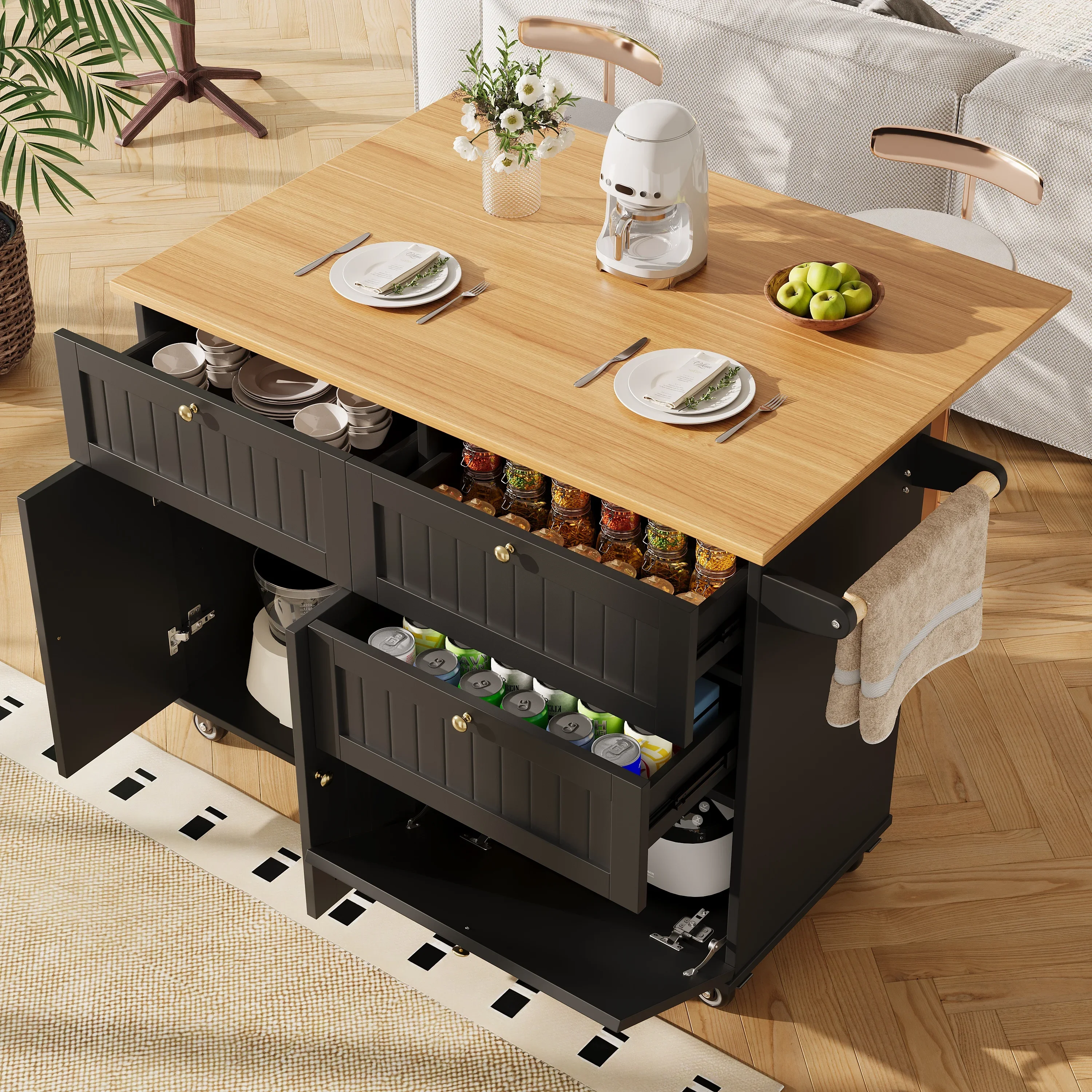 Armoire de cuisine moderne avec îlot, meuble de buffet, chariot à manger avec grain de bois, table à manger multifonctionnelle