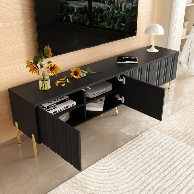 Meuble TV noir, avec pieds de table dorés, meubles de salon, rangement moderne 190 x 38 x 48 cm (L * L * H)