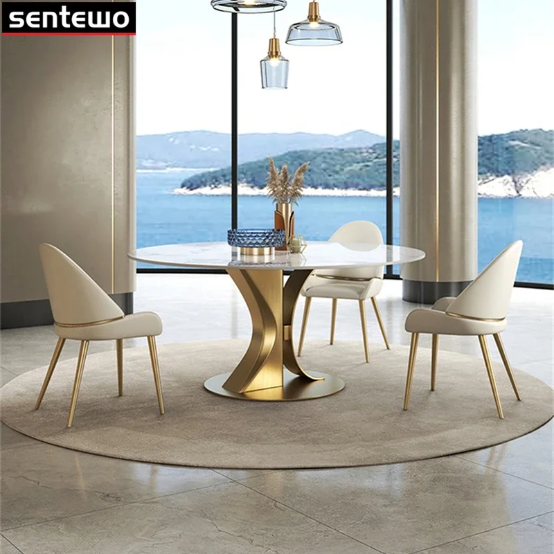 Ensemble de Table à manger ronde en marbre et dalle de roche, design de luxe, 4 ou 6 chaises, meubles Mesa Posta, Meuble en acier inoxydable, Base dorée
