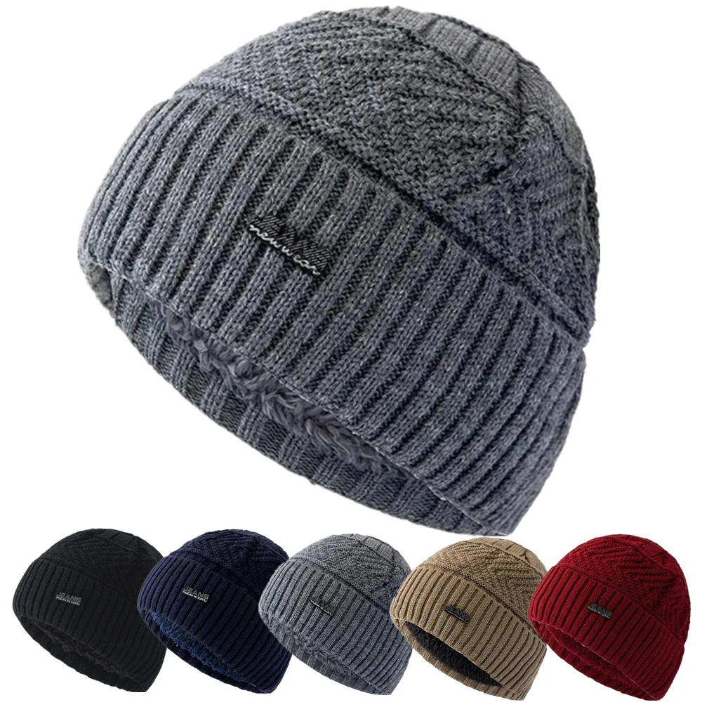 Unisex warme Wintermütze, Jeans-Label, stilvoll, mit Fell gefüttert, weiche Beanie-Mütze, dicke Wintermütze für Damen und Herren, Strickmütze Image