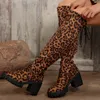 Frauen Lange Röhre Stiefel Starke Ferse über Knie Elastische Dünne Stiefel Sexy Leopard Print Frauen Schuhe Mode Runde Kappe hohe Stiefel 2025