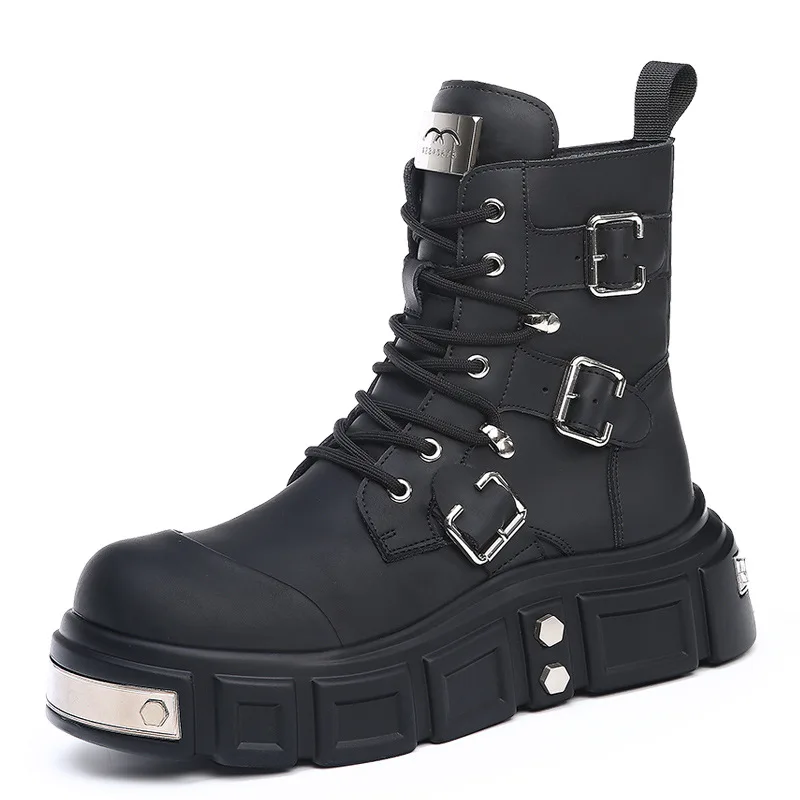 2025 Retro Lace-up männer Plattform Stiefel Mode Lässig Neue Designer Motorrad Stiefel Männlichen Einfarbig Kuh Leder punk Schuhe Mann