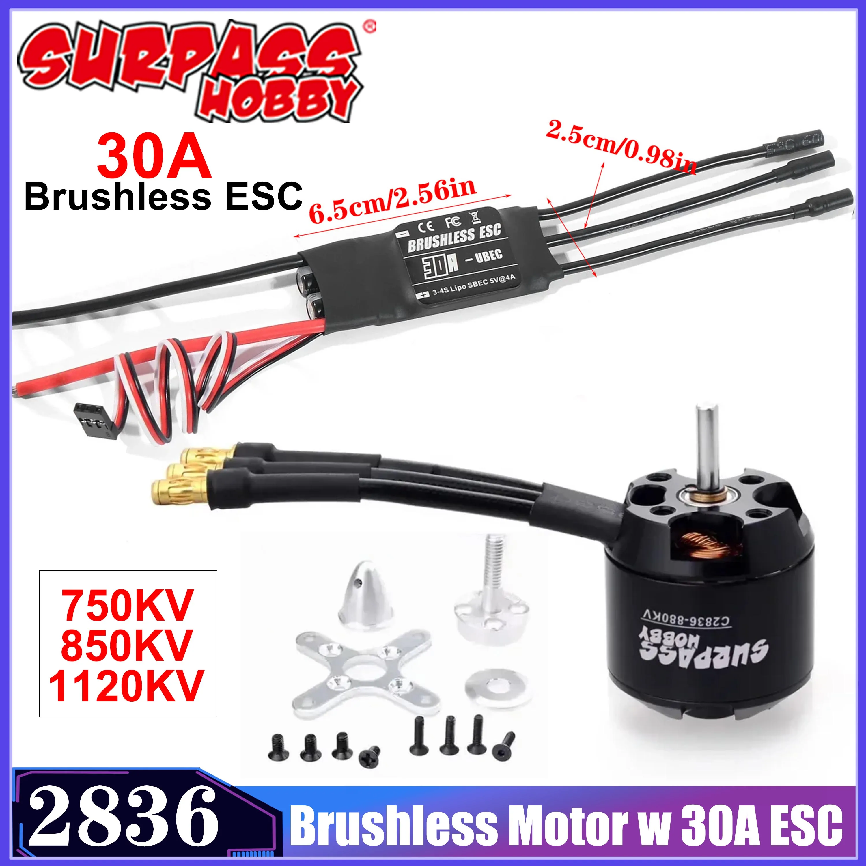SURPASS HOBBY 2836 750KV 880KV 1120KV Outrunner Bürstenloser Motor mit 3-4S 30A ESC Combo für RC Starrflügel-Drohnen Flugzeug Segelflugzeug