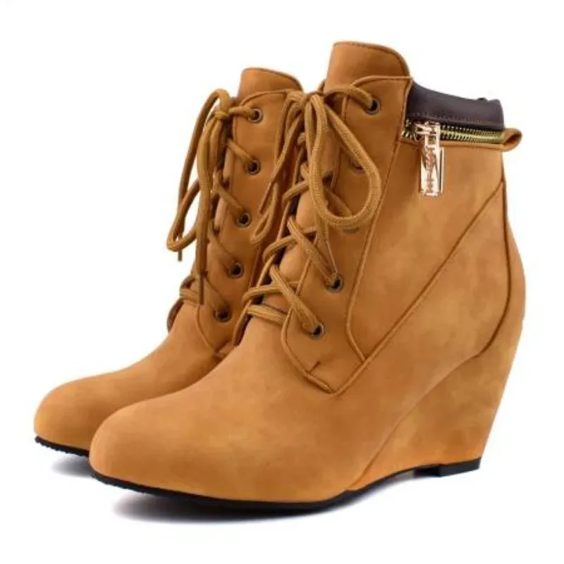 Winter Frauen Schnee Stiefel Runde Kappe Lace Up Casual Keil Stiefeletten für Frauen Schuhe High Heels Frauen Motorrad Boot Große Größe