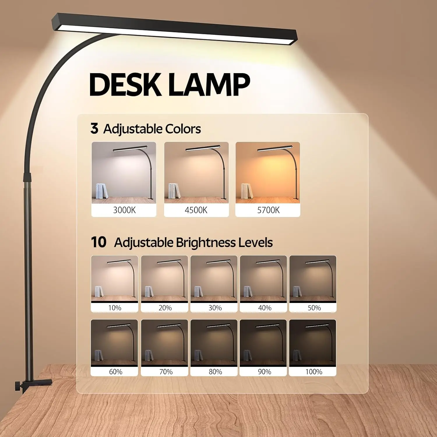 LED-Schreibtischlampe für Büro und Zuhause, augenschonende Schreibtischleuchte mit stufenloser Dimmung, verstellbare, flexible Schwanenhals-USB-Schreibtischlampe mit Klemme