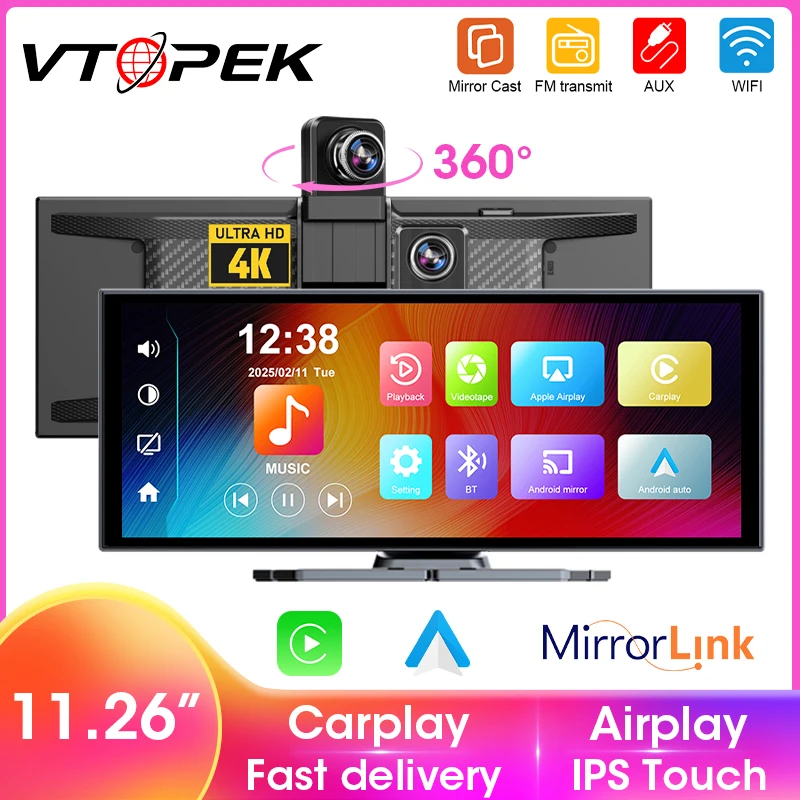 11,26 Zoll Universal CarPlay Android Auto Autoradio, 4K Dash Cam Carplay Bildschirm für Auto, Rückfahrkamera Multimedia Video Player