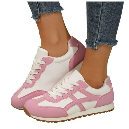 Dakaela Sneakers for Women Leather Suede Patchwork Non Slip Casual Walking Shoes Gym Tennis Running Wide Toe Box Shoes Pink 9