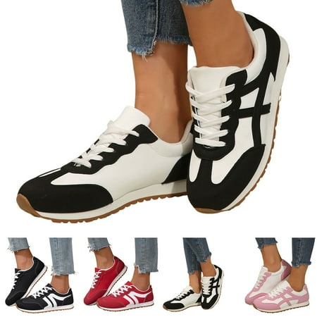 Dakaela Sneakers for Women Leather Suede Patchwork Non Slip Casual Walking Shoes Gym Tennis Running Wide Toe Box Shoes Black 7.5