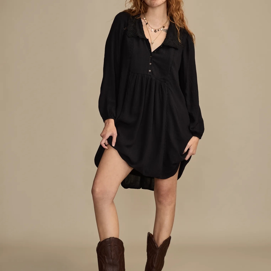 Lucky Brand Peter Pan Collar Mini Dress - Women's Clothing Dresses Mini Dress in Caviar, Size L