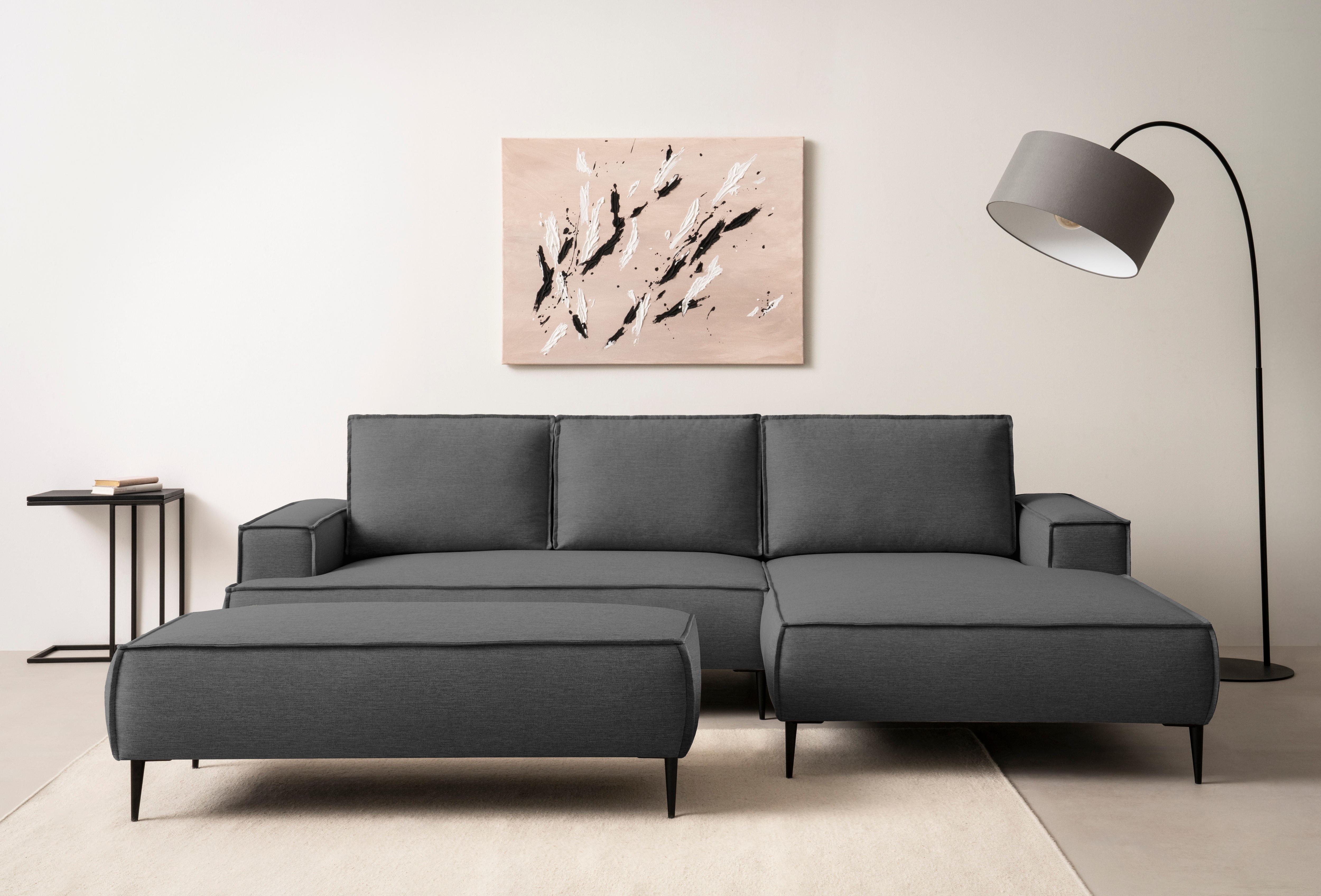 Sitzgruppe HOME AFFAIRE "TVINNU, Polsterecke L-Form, Schlaffunktion, mit Hocker", grau (anthrazit,), B:275cm H:83cm T:173cm, Sitzmöbel-Sets, Set, stellbar zum Schlafsofa (Krokodilverbinder)