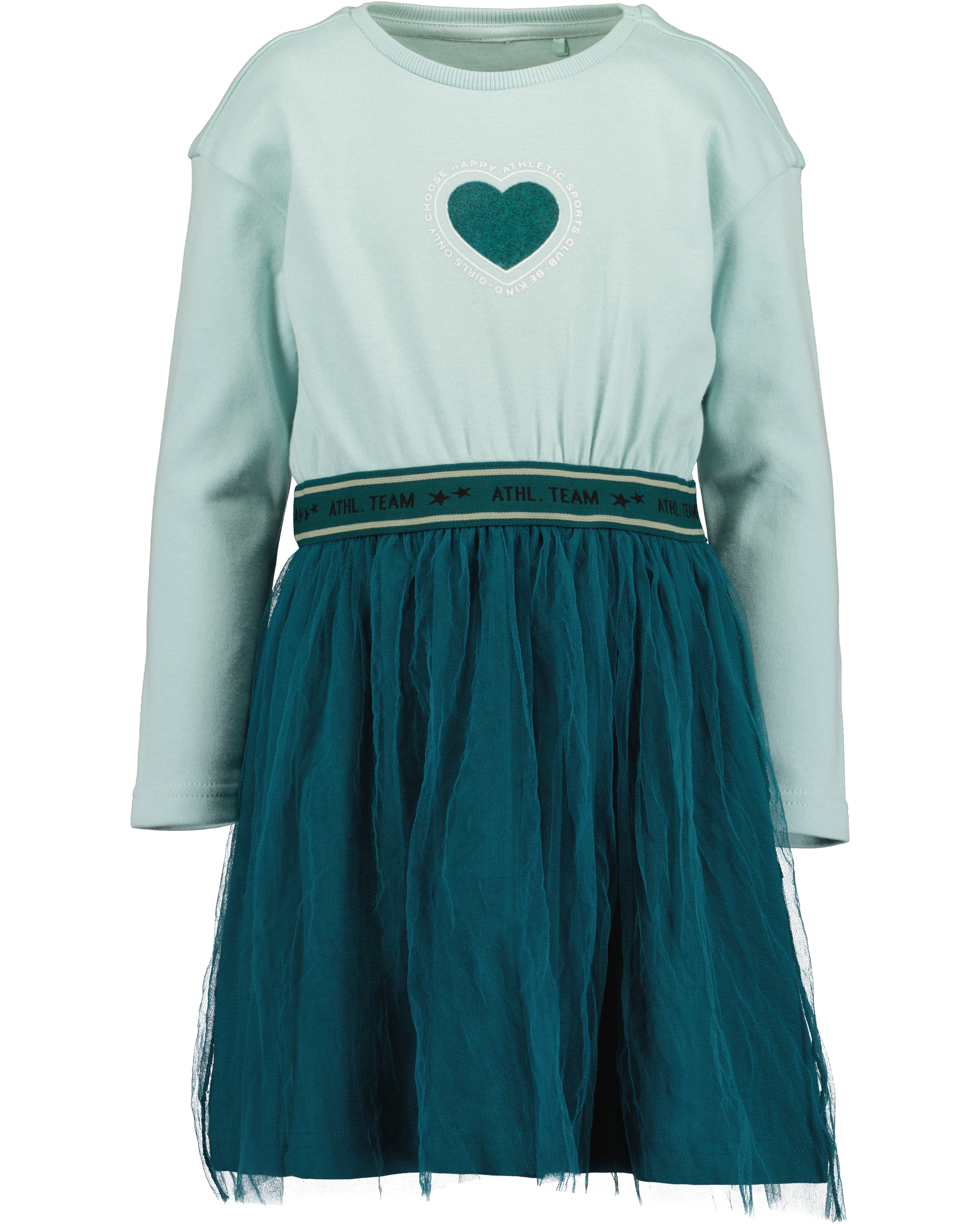 Jerseykleid BLUE SEVEN, Mädchen, Gr. 92, N-Gr, gletscher, Jersey, Obermaterial: 100% Baumwolle, bedruckt, kontrastfarbene Details, unifarben, regular fit kniebedeckend, Rundhals, abgesteppte Kante, Kleider, mit süßem Herzen-Frontmotiv Image