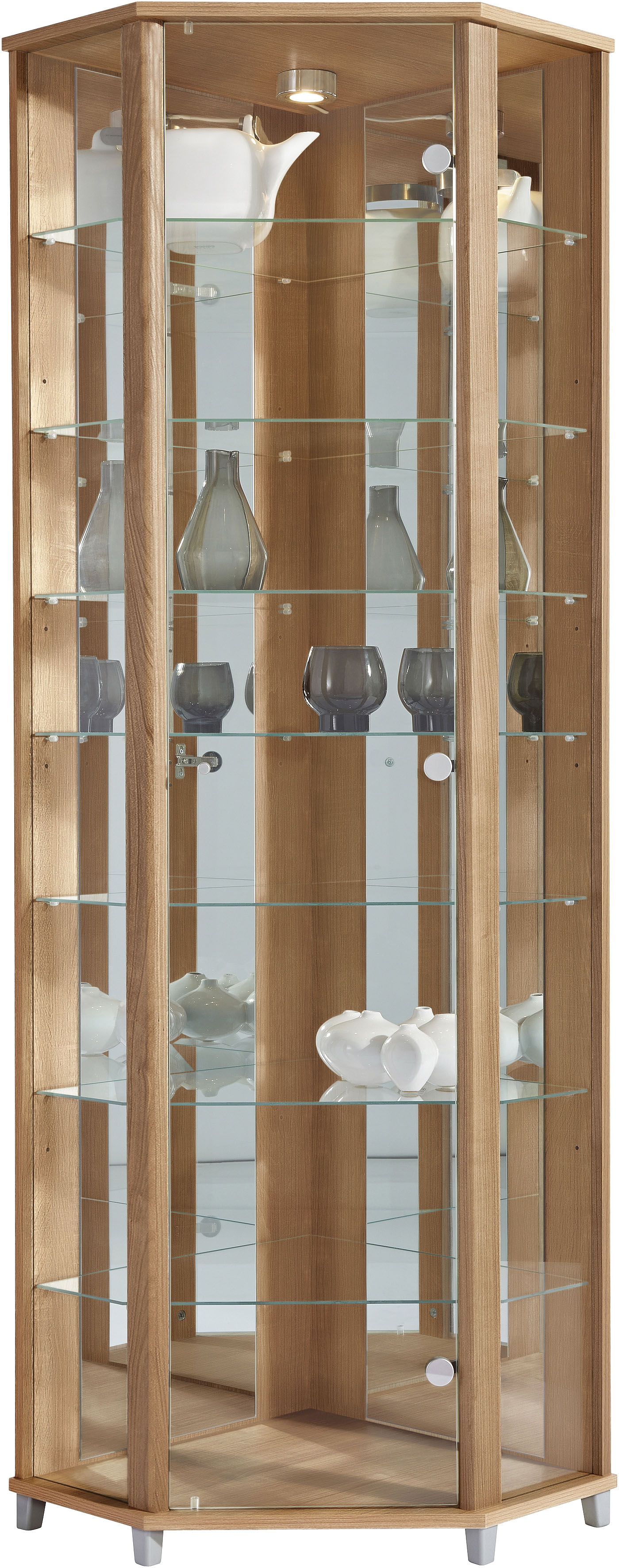 Eckvitrine FIF MÖBEL "TRIO Höhe ca. 172 cm, ink. Beleuchtung", nocefarben, Holzwerkstoff, Sicherheitsglas ESG, Schränke, Eckvitrine/Glasvitrine 1x Glastür, perfekt für Sammler, Sammlervitrine Image