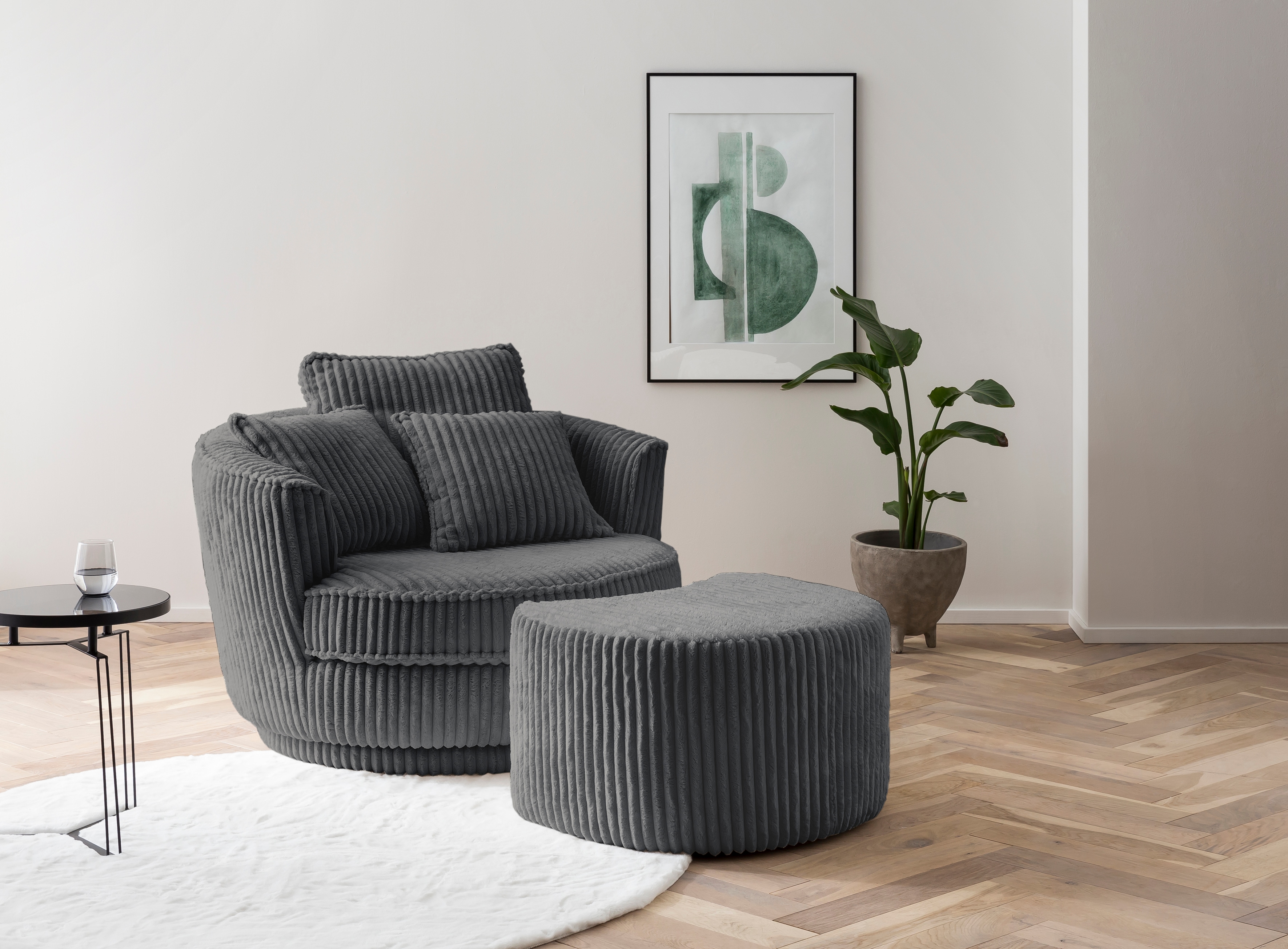 Drehsessel HOME AFFAIRE "MAISIE, Love Seat XXL Lese-Sessel, Big-Sessel mit Hocker", grau (anthrazit), B:120cm H:86cm T:173cm, Sessel, Drehsessel, Set in MEGA CORD und Web-Velours, drehbar 360 Grad