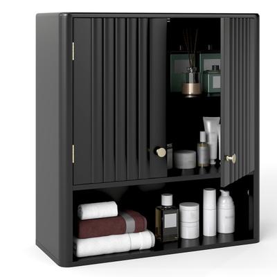 Costway Fluted Bathroom Wall Cabinet with Open Shelf-Black