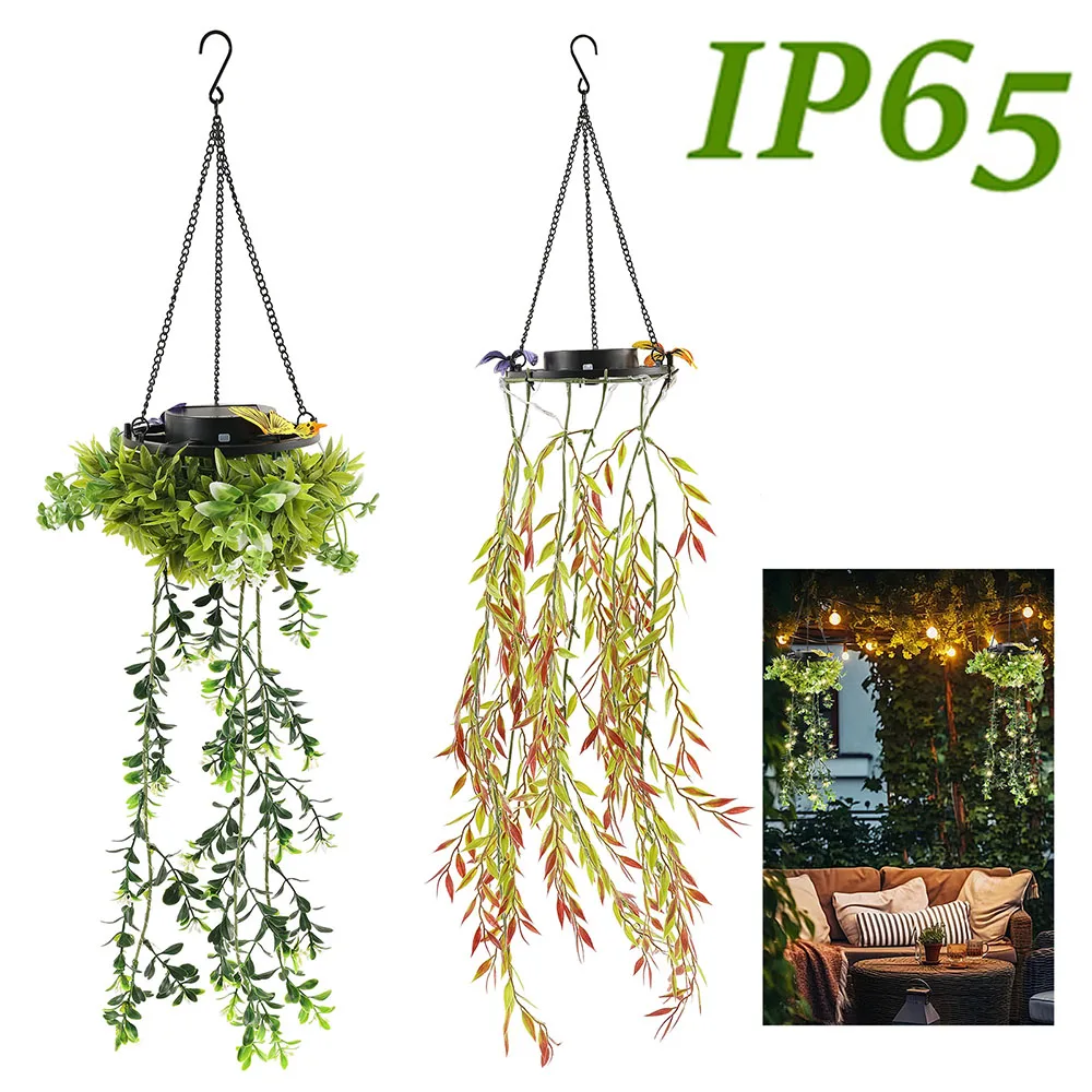 2 Stück künstliche Pflanzen-Solarleuchte, IP65, wasserdicht, künstliche Hängepflanze, Terrassenleuchte mit Haken für die Dekoration im Freien, Hof, Garten Image