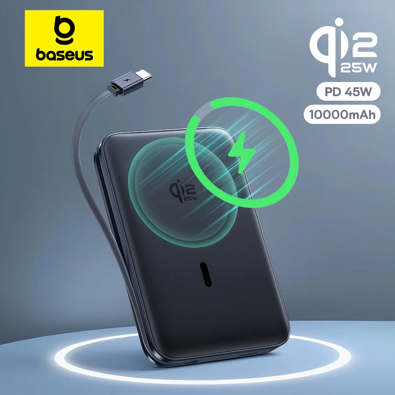 Baseus 10000mAh 45W Power Bank per Qi2.2 25W MagSafe Cavo USB-C integrato di ricarica wireless magnetico per iPhone 17 Samsung S25