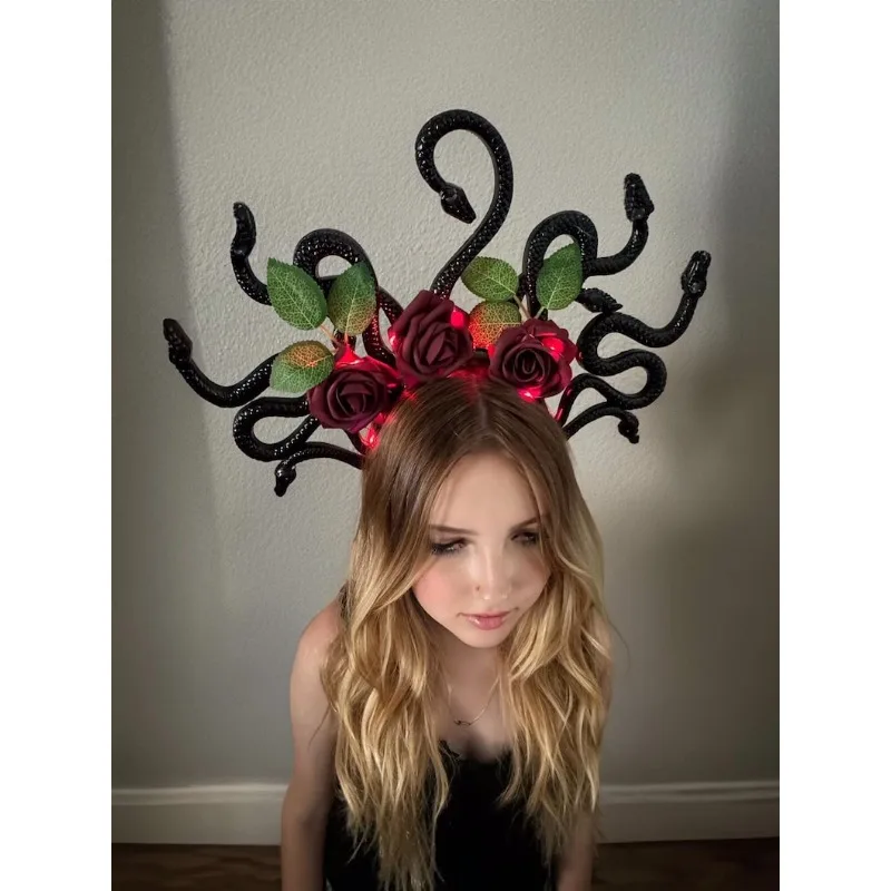 Medusa Light up Crown – Schlangen und Rosen, Göttinnenkrone – Mythologie, Rave-Kopfbedeckung, Königin, Cosplay – schwarze LED-Gothic-Gorgon