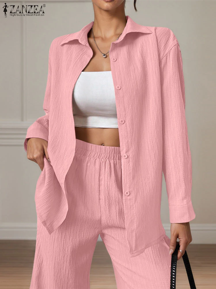 ZANZEA Damen Street Fashion 2-teiliges Set, übergroße Langarmhemden und Hosen mit weitem Bein, 2-teilige Anzüge, gekräuselte Hosen-Sets, Outfit Image