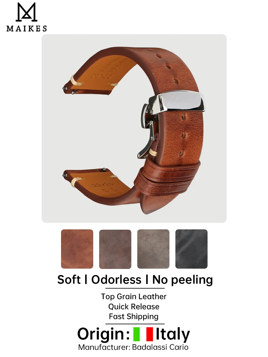 MAIKES Handgefertigtes Uhrenarmband mit Schmetterlingsschnalle, pflanzlich gegerbtes Rindsleder, hergestellt in Italien, Schnellverschluss-Armband, Uhrenarmband Image