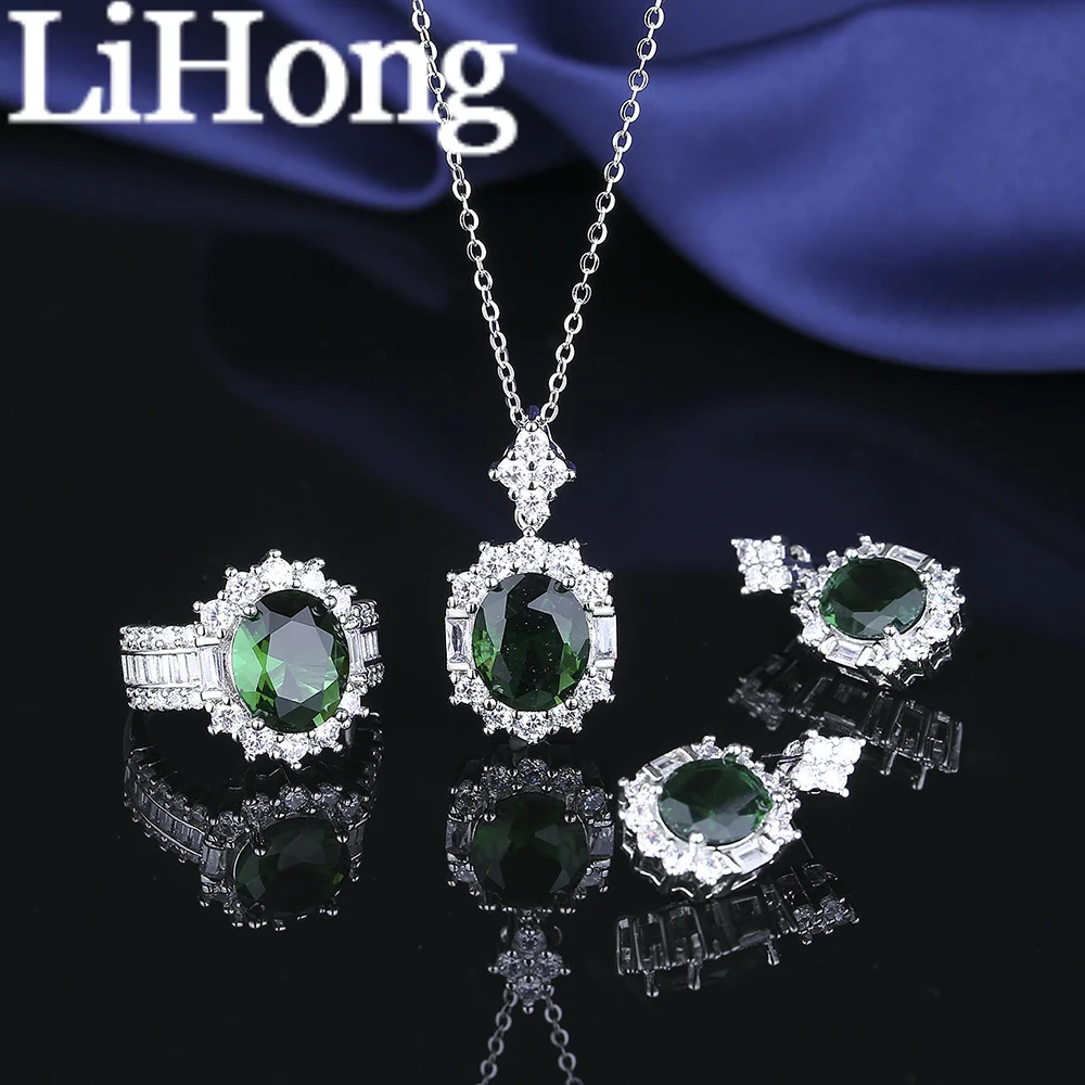 Set di gioielli in argento sterling 925 intarsiato con zirconi verdi imperiali, collana, orecchini, anello, set di gioielli da donna eleganti